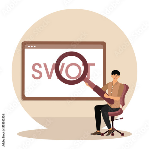 Business Professional Performing a SWOT Analysis Using Large Magnifying Glass.
