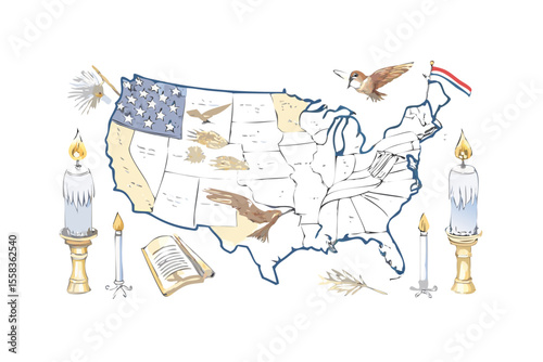 United states map with symbolic elements and birds against black background