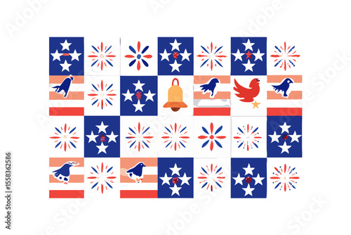Whimsical patriotic american flag design with birds and fireworks