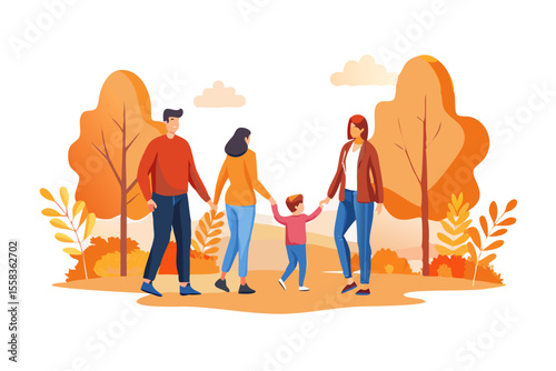 Happy family holding hands walking together in autumn park