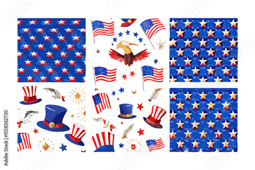 American patriotic symbols including flags stars eagles and uncle sam hats