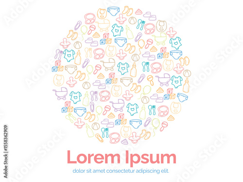 Background or pattern with Baby Essentials theme. With doodle style. For layout, website, graphic design.