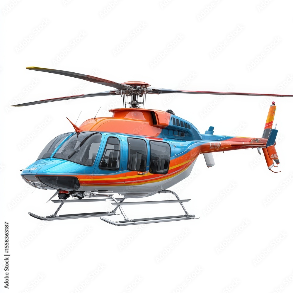 Fototapeta premium Modern Blue and Orange Helicopter Air Transportation Vehicle Isolated on White Background