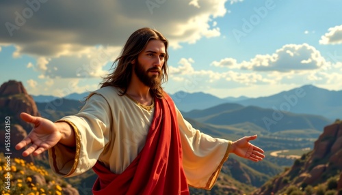 a figure dressed as jesus christ, standing on a mountainous landscape with pine trees and blue skies in the background