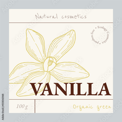 Vanilla cosmetics label card design template concept. Natural cosmetics ingredient. Hand drawn ink sketch plant from package design. Ecology concept in beauty industry.