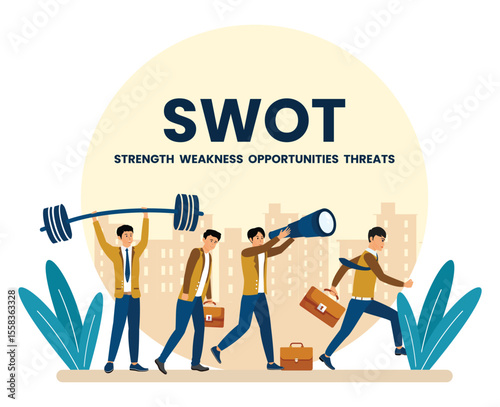 SWOT Elements concept with Team Members Representing Strategy.