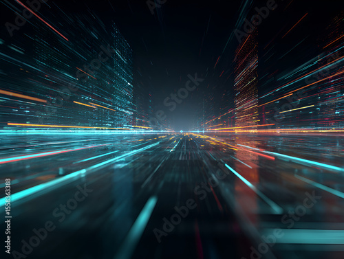 Abstract Cityscape with Light Trails Representing Data Flow and Connectivity