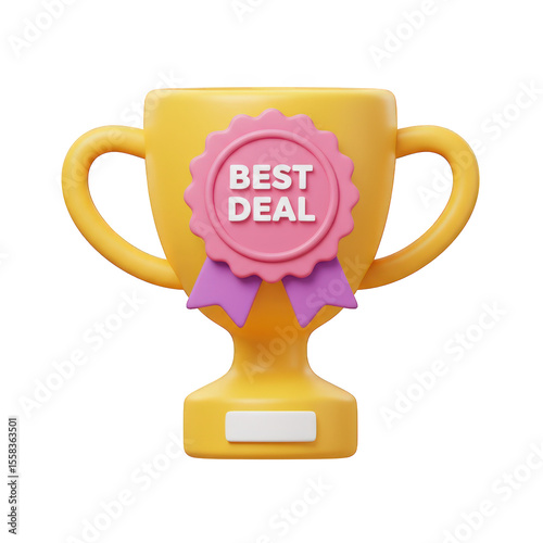 Golden trophy with best deal ribbon and blank plaque isolated on transparent background