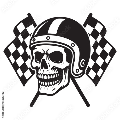 Grimacing skull wearing a vintage motorcycle helmet, crossed with checkered racing flags, bold and iconic in monochrome.