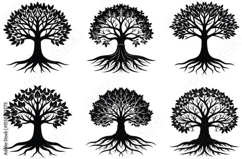 Black silhouette trees with intricate roots and leafy branches white