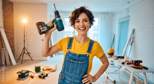 Confident smiling woman in overalls holding a power drill during home renovation