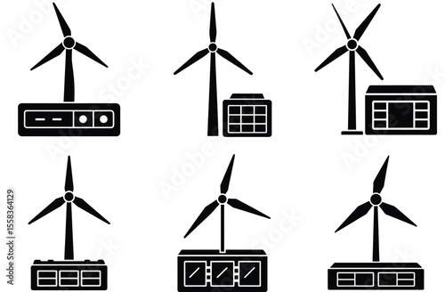 Black wind turbines with various electronic devices energy technology