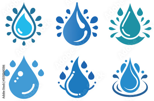 Blue water drops and splashes forming abstract shapes liquid