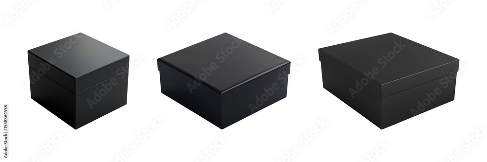 Black Square Gift Boxes Set. Elegant Packaging And Presentation Collection Isolated On Transparent Background Black Square Gift Boxes Set. Elegant Packaging And Presentation Collection Isolated On Transparent Background