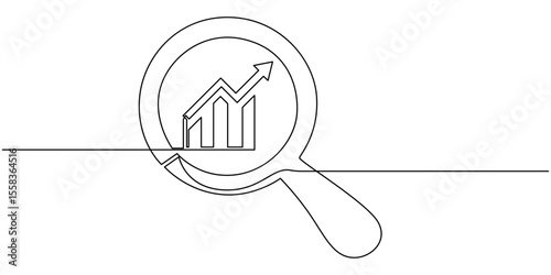 Continuous one line drawing of increasing up arrows bar graph and magnifying glass. Search. Hand drawn one line vector. Editable stroke, continuous line magnifying glass and bar graph business.