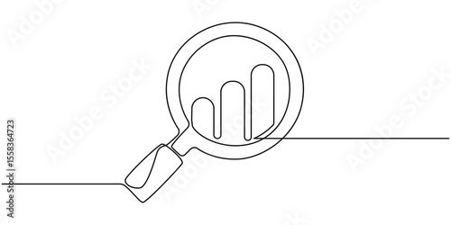Continuous one line drawing of increasing up arrows bar graph and magnifying glass. Search. Hand drawn one line vector. Editable stroke, continuous line magnifying glass and bar graph business.
