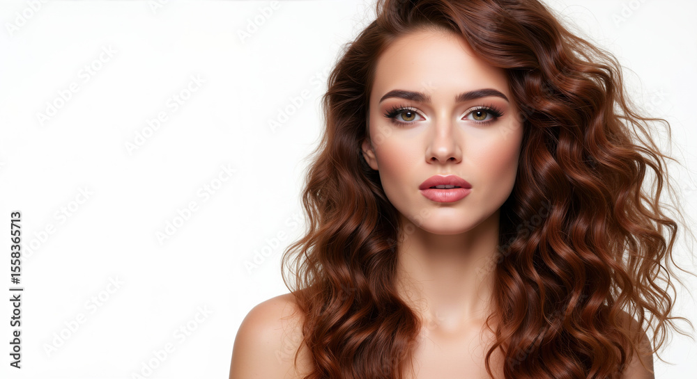 Fototapeta premium Woman with long wavy brown hair with copper highlights on white background. Hair coloring and styling demonstration for salon balayage and highlighting services