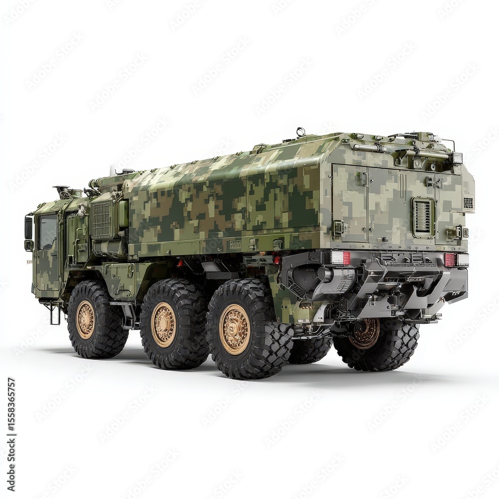 Fototapeta premium Military Truck Rear View Camouflage Design Powerful Six Wheel Drive Heavy Duty Vehicle