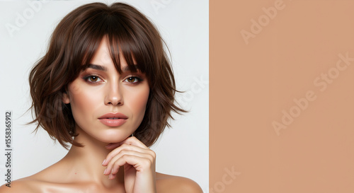 Woman with layered brown shag haircut with curtain bangs touching chin on beige background. Hair cutting and texturing demonstration for salon layering and modern styling services