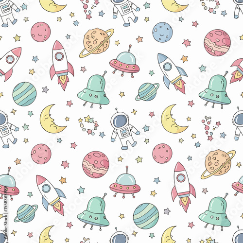 A sweet, seamless pattern features a variety of space-themed doodles, including astronauts, rockets, and UFOs, illustrated in a gentle pastel color palette on a clean white background. Vector Patterns