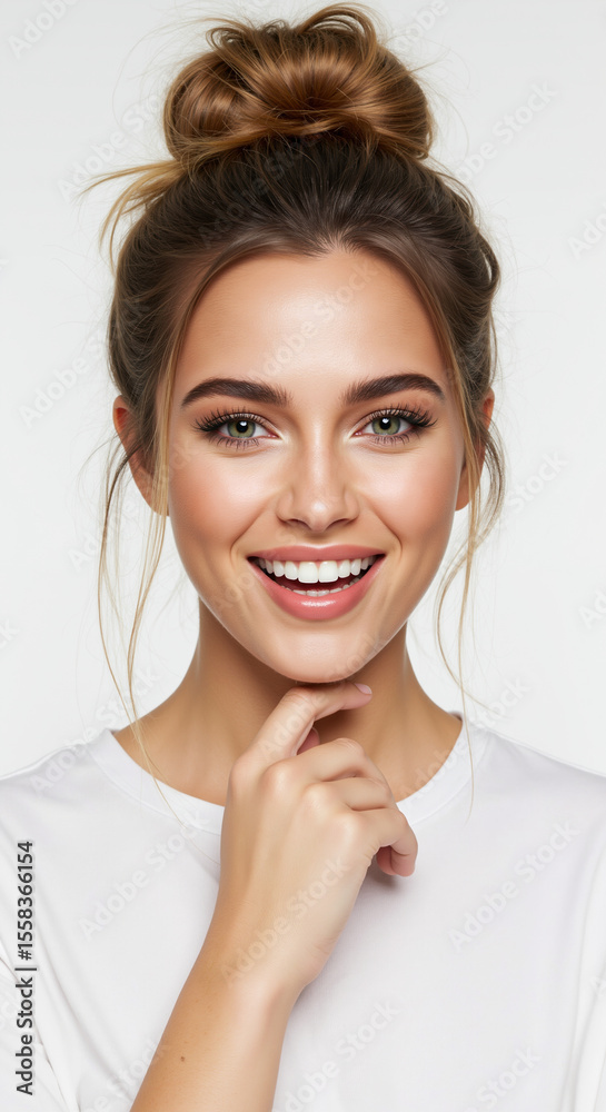 Naklejka premium Woman with high messy bun hairstyle and face framing tendrils touching chin on white background. Casual updo styling demonstration for salon hair arrangement services