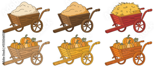 Set of Wooden Wheelbarrows with Harvest Produce