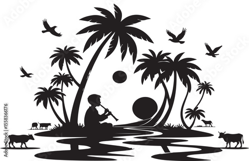 Tranquil silhouette of a boy playing flute on a tropical island landscape