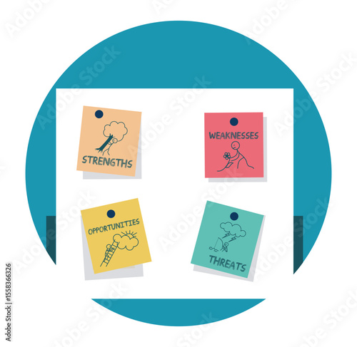 SWOT Analysis concept with Four Colorful Sticky Notes.