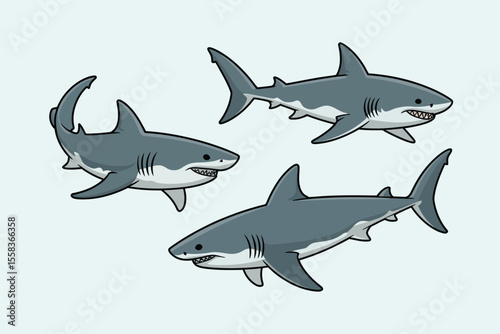 Cartoon Great White Sharks in Different Angles