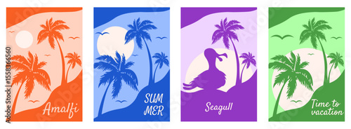 Perfect colored Italy Amalfi Summer poster cover. Vector illustration italian seagull palm tree and sun, contemporary Summer background. Ideal room interior wall art. EPS 10