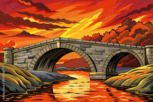 weathered stone arch bridge by a tranquil river with beautiful sky	