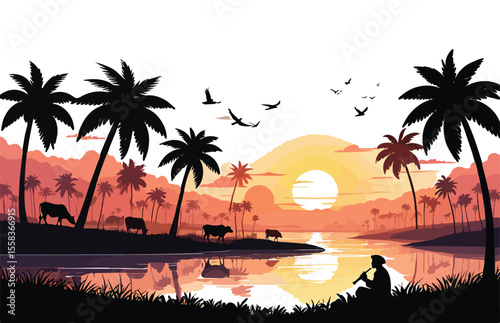 Tropical sunset landscape featuring palm trees river and a musician silhouette