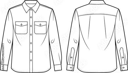 Utility Work Shirt: Technical fashion flat sketch, front and back views, long sleeve with flap pockets and elbow patches, durable casual apparel template