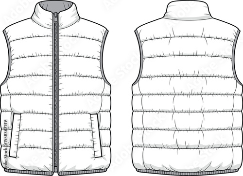 Padded Puffer Vest: Technical fashion flat sketch, front and back views, sleeveless outerwear design with zipper, warm and versatile clothing template for layering