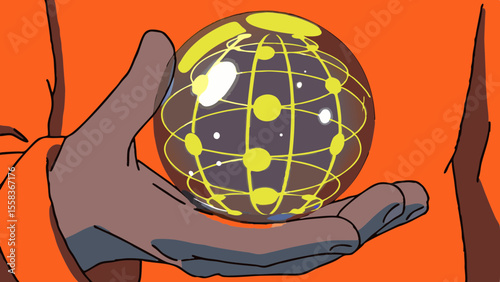 nexus of opportunities, hand gently cradling a luminous transparent sphere filled