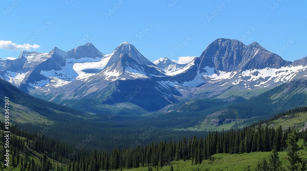 Fototapeta premium Majestic snow-capped peaks rise above a verdant valley, showcasing a breathtaking panorama of rugged mountains and lush greenery under a clear blue sky