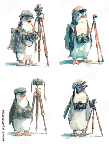 Adorable watercolor penguins dressed as photographers with vintage cameras and tripods. Ideal for adventure themes, kids' books, or travel branding.

