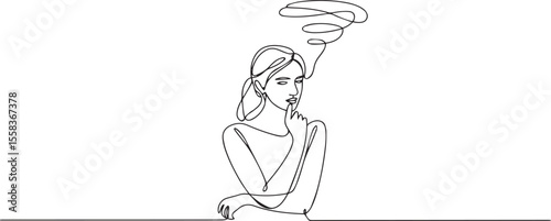 Continuous one line drawing of a young woman thinking with finger on chin in a minimal pose illustration style
