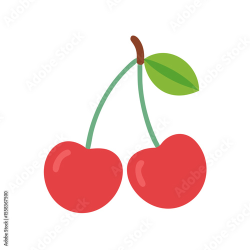 Colored icon of two red cherries with stems and a leaf, symbolizing freshness, summer harvest and healthy fruit. Clean design on a transparent background