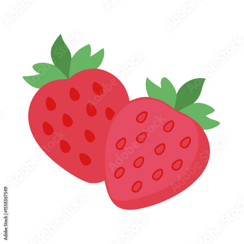 Vector illustration of red strawberries with green leaves, symbolizing summer harvest, freshness, and natural sweetness