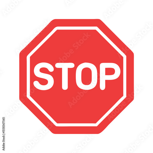 Vector icon of a red stop sign with white text, symbolizing traffic control, caution, and safety. Bold design ideal for road signs or warning graphics