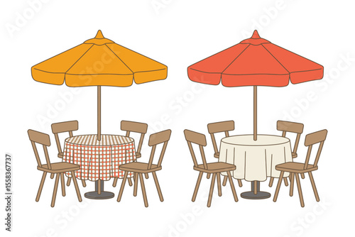 Outdoor Cafe Tables with Umbrellas and Checkered Tablecloths