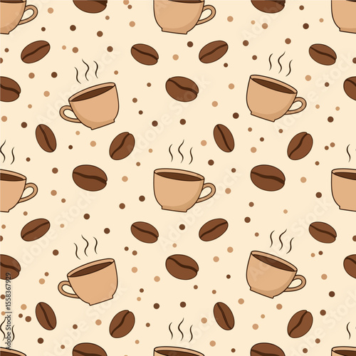 A cozy seamless pattern features steaming coffee cups, roasted coffee beans, and scattered dots in a warm brown color palette on a light cream background. Vector Patterns