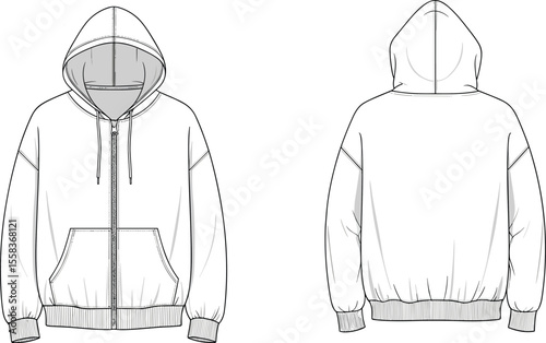 Oversized Zip-Up Hoodie: Technical fashion flat sketch, front and back views, long sleeve design with ribbed hem, comfortable casual wear and activewear template