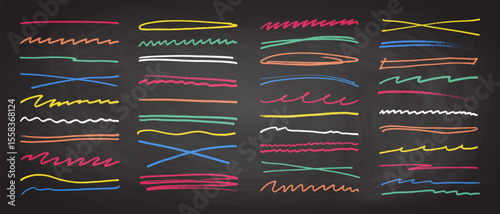 Underline stroke chalk scribbles doodle line collection on chalkboard. Hand drawn outline sketch wave brush mark elements crosshatch rough dividers set for text highlight underline emphasis