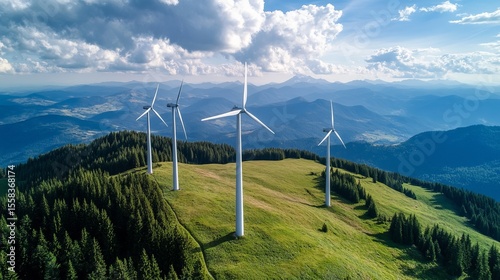 Majestic wind turbines atop a verdant mountain range, harnessing nature's power under a vibrant sky
