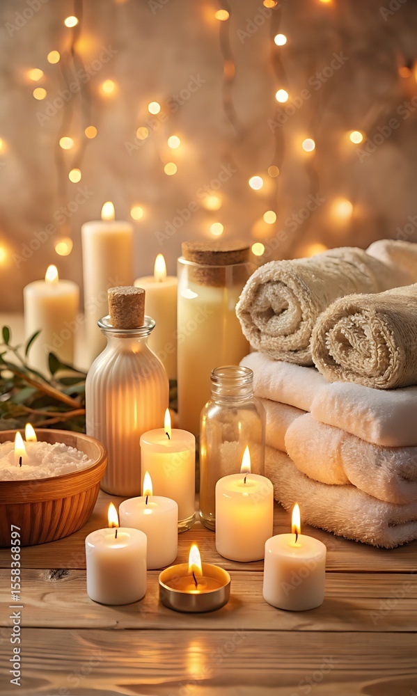 Spa candles and towels create a relaxing wellness atmosphere Spa candles and towels create a relaxing wellness atmosphere