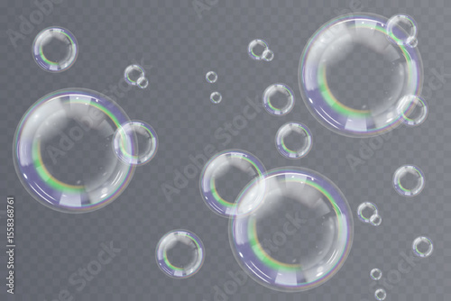 Glossy soap bubble set with realistic shine, isolated on clear PNG background. Ideal for air freshness design, bathroom scenes, fun party flyers, cosmetic branding or UI sparkle effects.