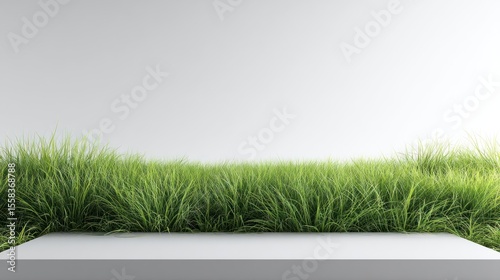 Wide-angle composition showing lush green grass in warm light, fading naturally into a flat white bottom plane designed for tabletop or standing product mockups