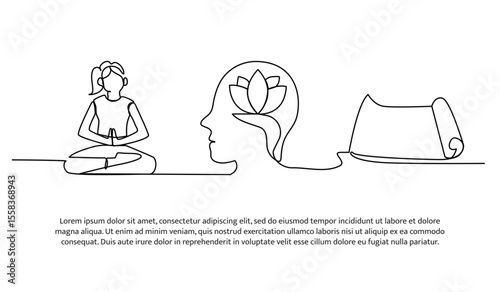 Continuous line design of meditation on the mat to refresh the brain. Single line decorative element drawn on white.